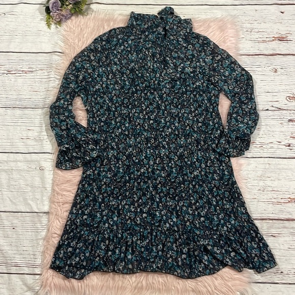 Zara Floral Blue Black Floral Tie Neck Pleated Plisse Mini Dress - Picture 2 of 11